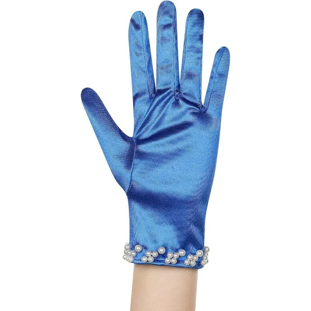 Women's Royal Blue Satin Pearl Short Length Gloves Wedding Banquet Party Prom